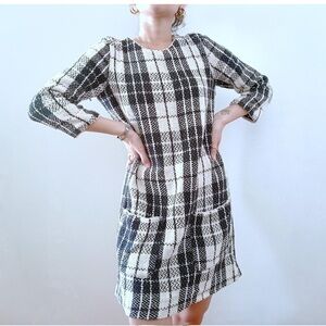 Zara Black and White Pleated Sheath Dress with Puff Sleeves